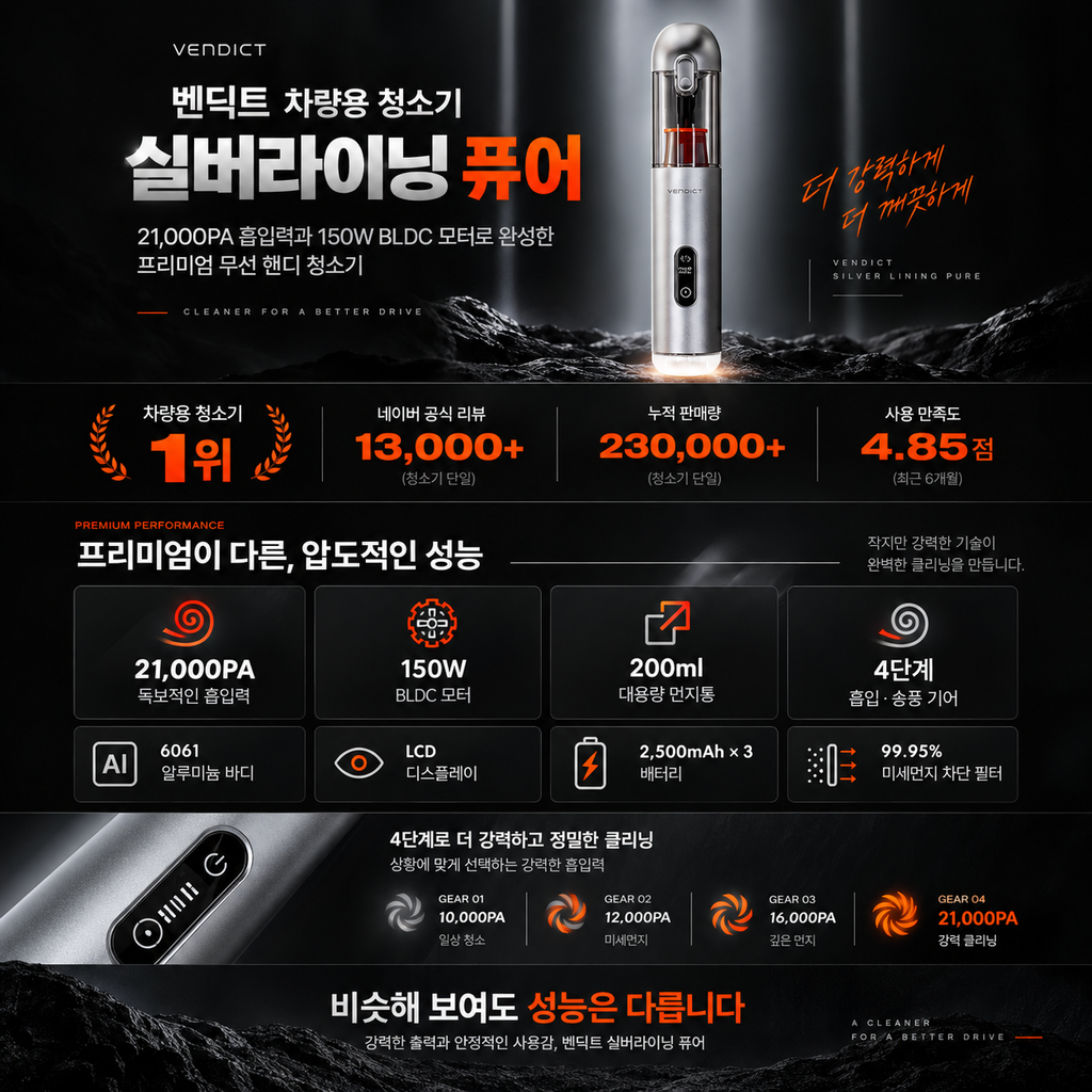 벤딕트 차량용 청소기 실버라이닝퓨어 강력한 흡입력을 담은 핸디 청소기