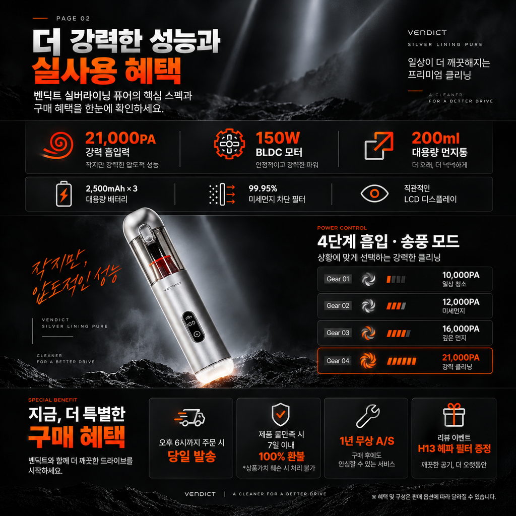 벤딕트 차량용 청소기 실버라이닝퓨어 강력한 흡입력을 담은 핸디 청소기